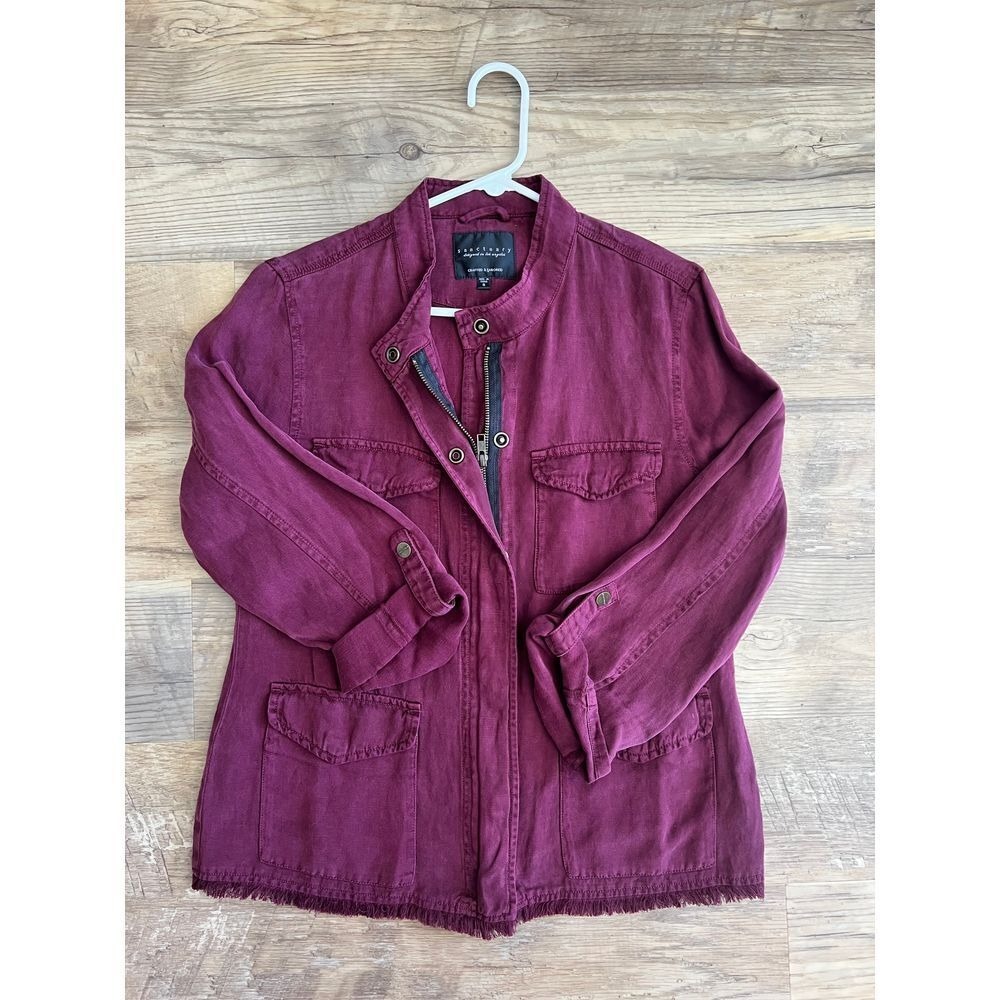 Sanctuary Roy Raw Hem FrayedUtility Jacket in‎ Burgundy Size Small - Picture 2 of 7